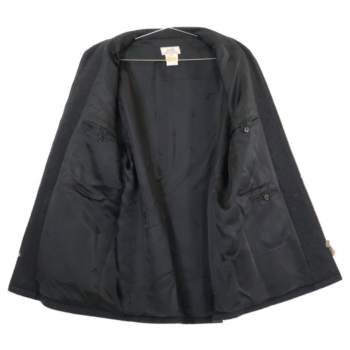 HERMES 100% Cashmere Zip-Up Half Coat Charcoal Gray Size 52