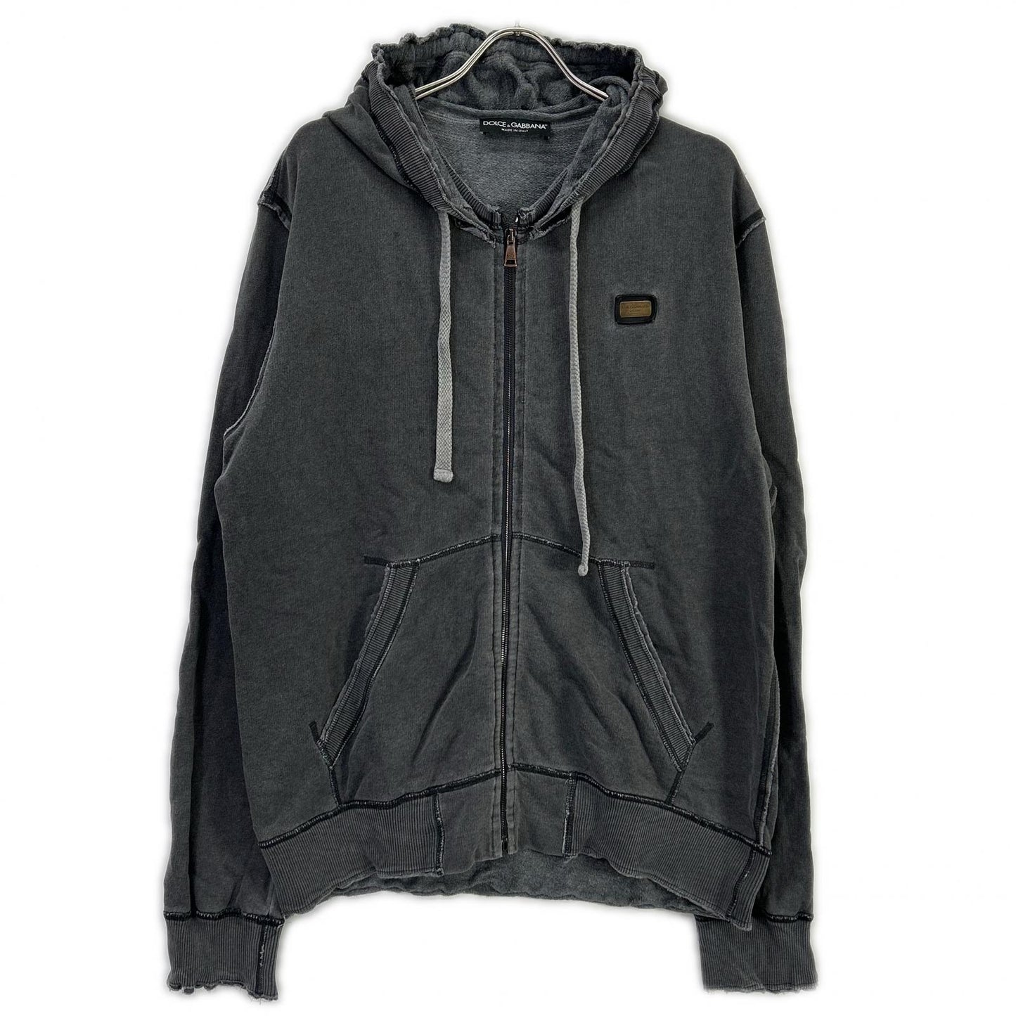 DOLCE&GABBANA Gray Logo Plate Zip-up Hoodie Size 54