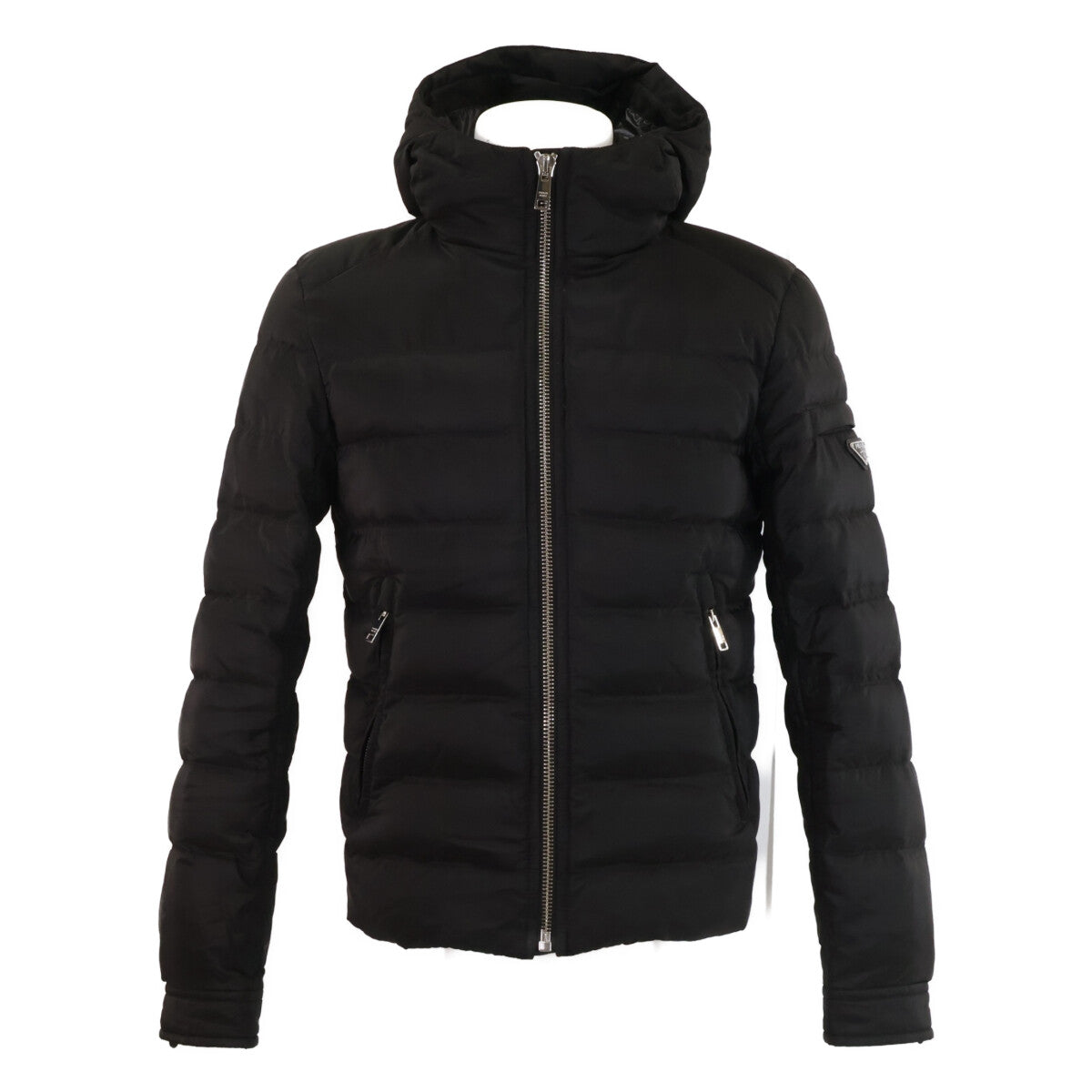PRADA Triangle Logo Nylon Hooded Down Jacket Black Size 44