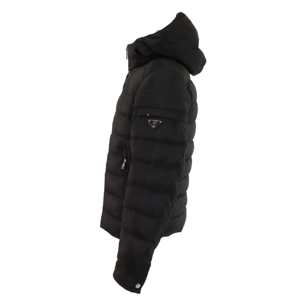 PRADA Triangle Logo Nylon Hooded Down Jacket Black Size 44