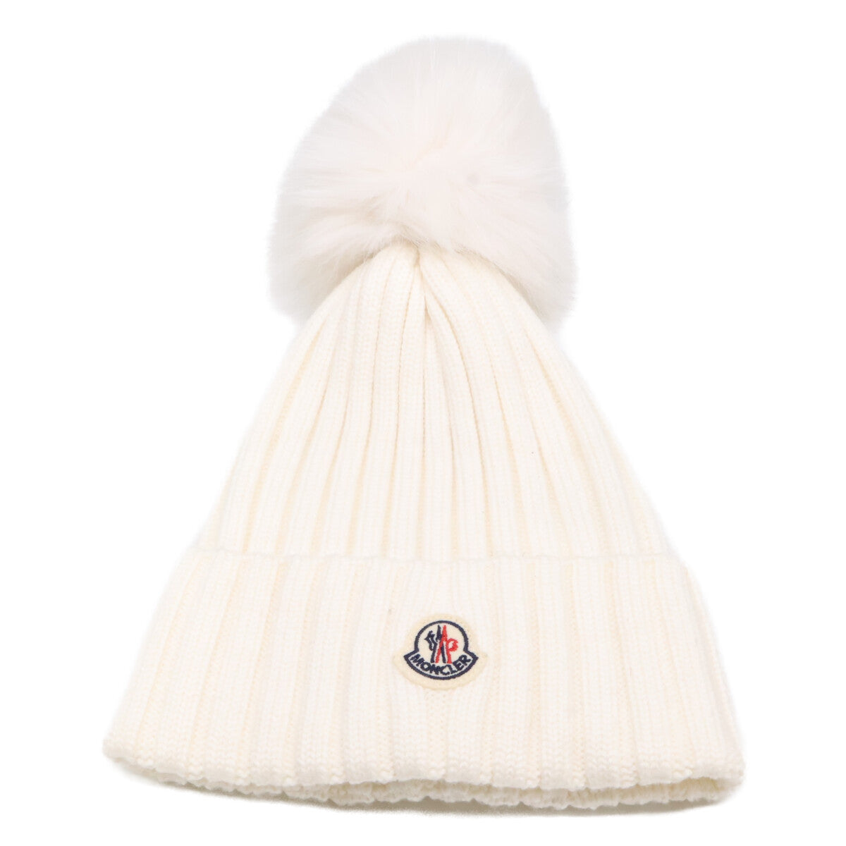 MONCLER Wool Logo Patch Pom-pom Knit Hat White Size ONE SIZE