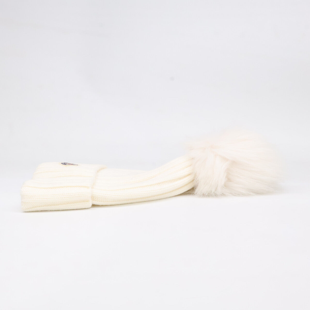MONCLER Wool Logo Patch Pom-pom Knit Hat White Size ONE SIZE