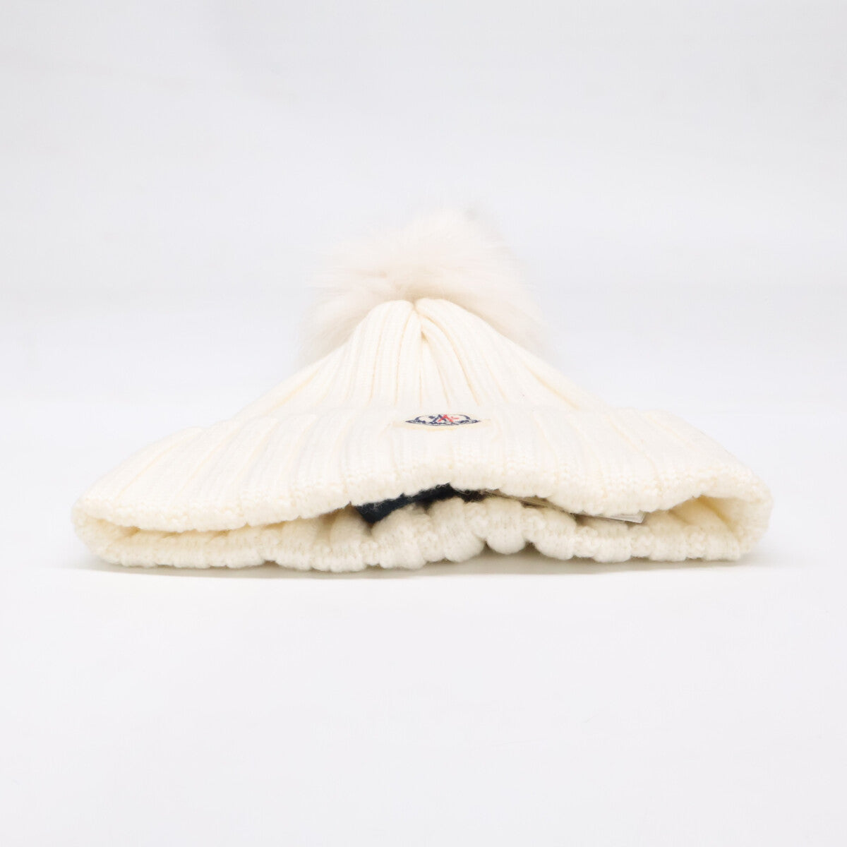 MONCLER Wool Logo Patch Pom-pom Knit Hat White Size ONE SIZE