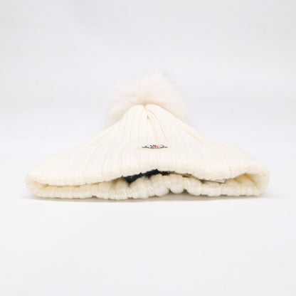 MONCLER Wool Logo Patch Pom-pom Knit Hat White Size ONE SIZE