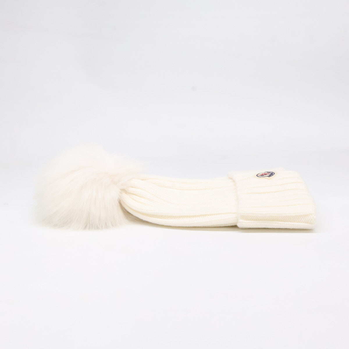 MONCLER Wool Logo Patch Pom-pom Knit Hat White Size ONE SIZE