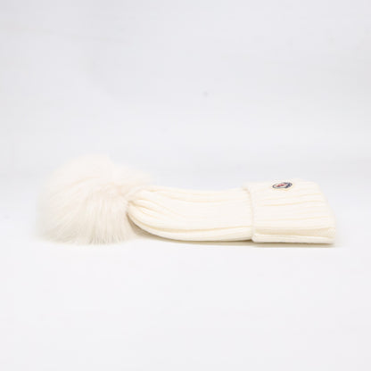 MONCLER Wool Logo Patch Pom-pom Knit Hat White Size ONE SIZE
