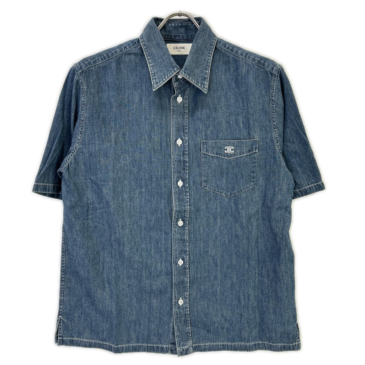 CELINE Union Ocean Wash Denim Short Shirt Blue Size XS