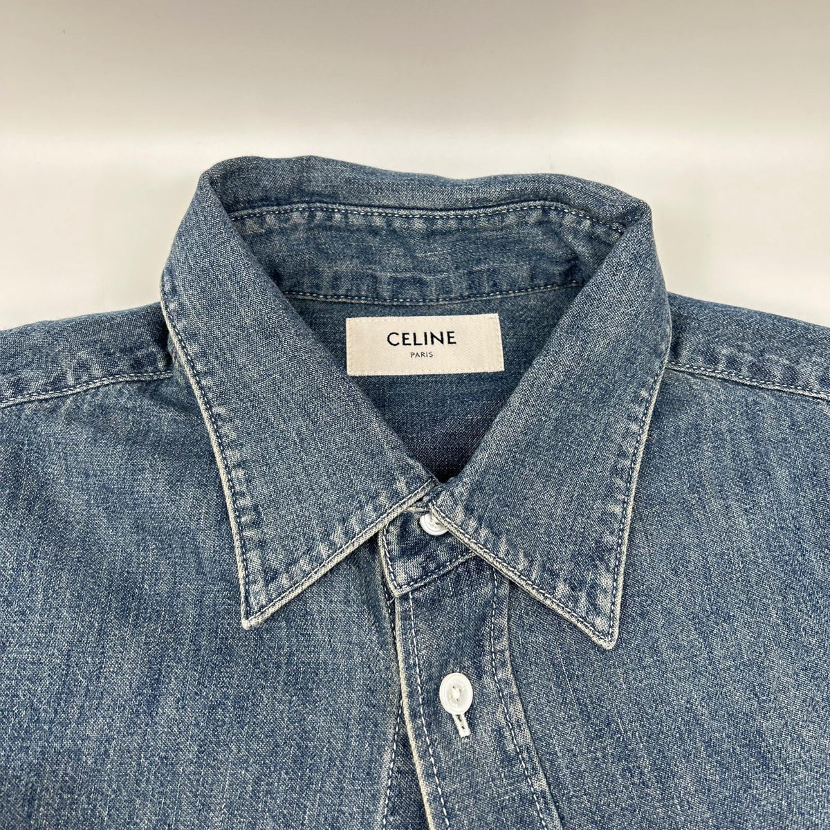 CELINE Union Ocean Wash Denim Short Shirt Blue Size XS