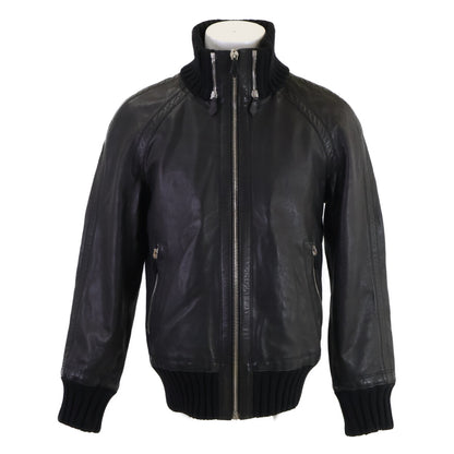 HERMES Zip-Up Leather Jacket Black Size 46