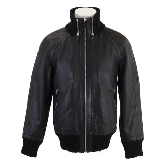 HERMES Zip-Up Leather Jacket Black Size 46