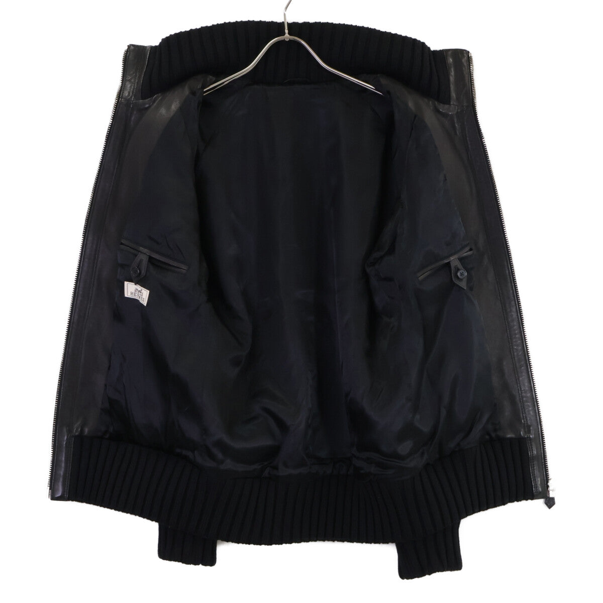 HERMES Zip-Up Leather Jacket Black Size 46