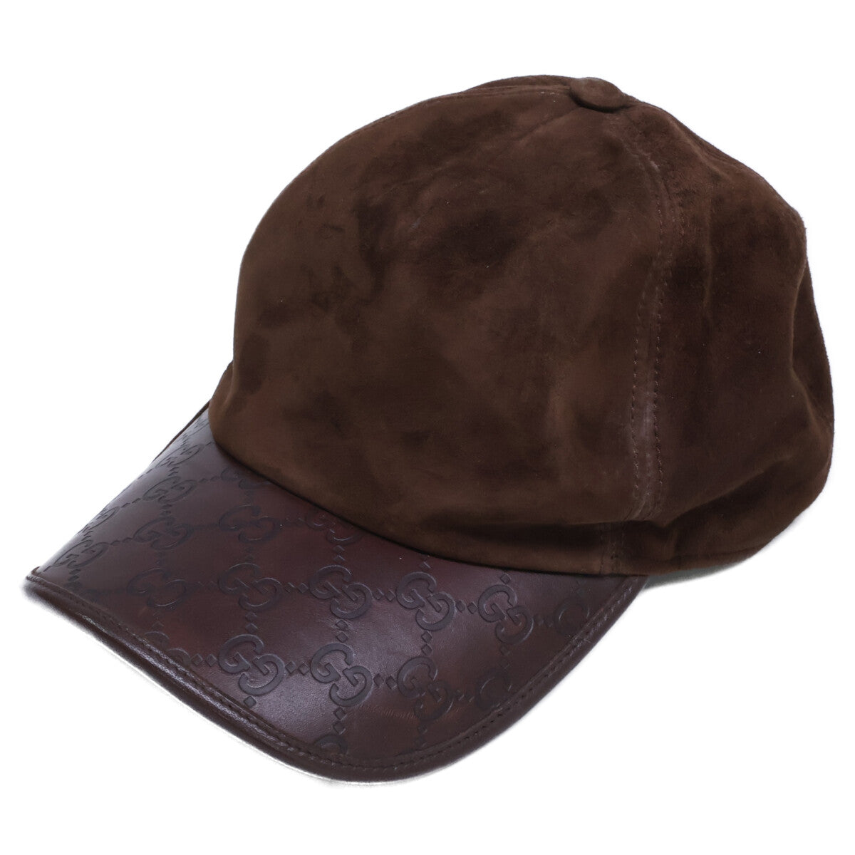 GUCCI Suede GG Embossed Leather Cap Dark Brown Size XL