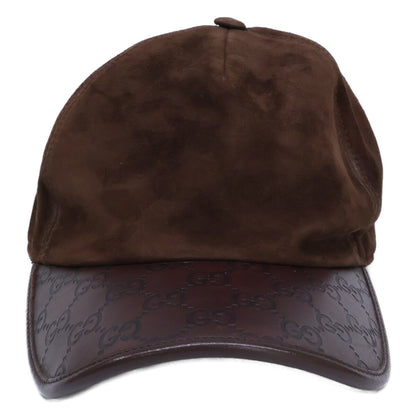 GUCCI Suede GG Embossed Leather Cap Dark Brown Size XL