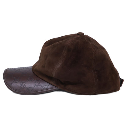 GUCCI Suede GG Embossed Leather Cap Dark Brown Size XL