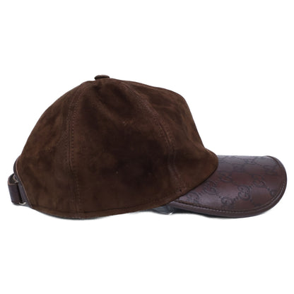 GUCCI Suede GG Embossed Leather Cap Dark Brown Size XL