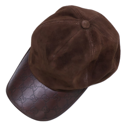 GUCCI Suede GG Embossed Leather Cap Dark Brown Size XL