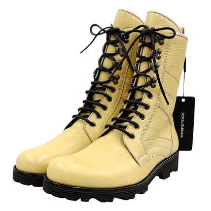 DOLCE&GABBANA Leather Lace-up Boots Beige Size 8.5
