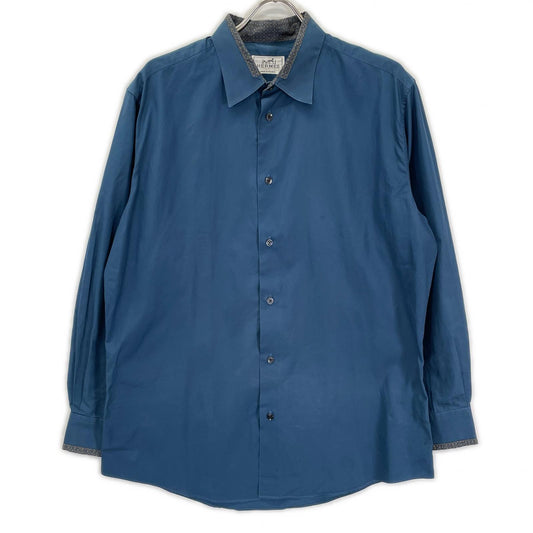 HERMES Cotton Clou de Selle Button Long Sleeve Shirt Navy Size 42