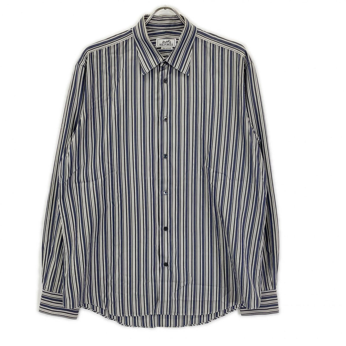 HERMES Stripe Cotton Sellier Button Sleeve Shirt Size 41