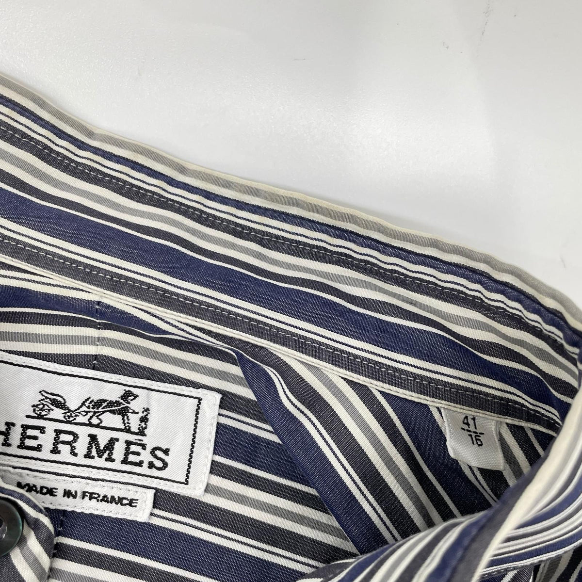 HERMES Stripe Cotton Sellier Button Sleeve Shirt Size 41