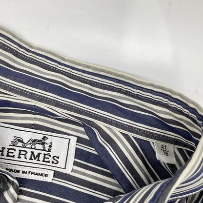HERMES Stripe Cotton Sellier Button Sleeve Shirt Size 41