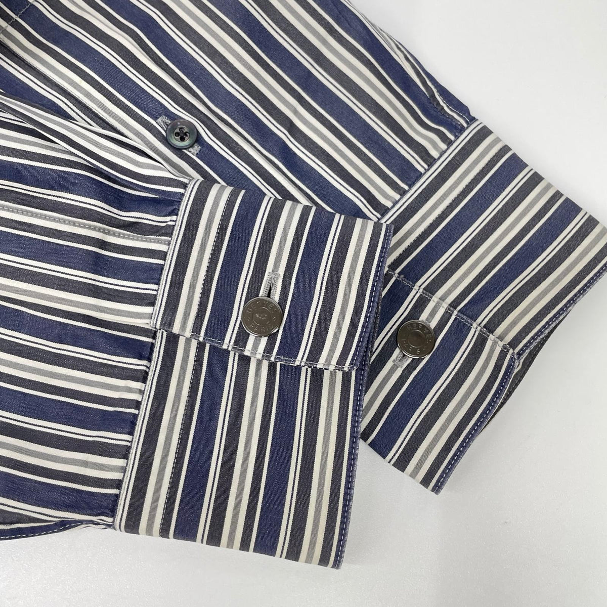 HERMES Stripe Cotton Sellier Button Sleeve Shirt Size 41