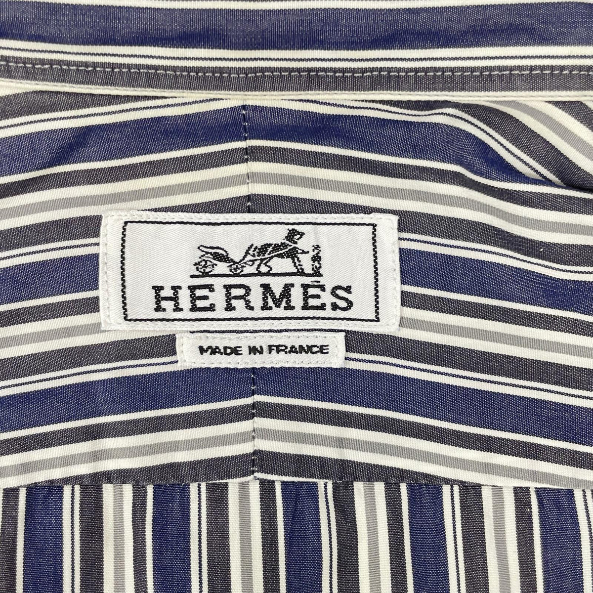 HERMES Stripe Cotton Sellier Button Sleeve Shirt Size 41