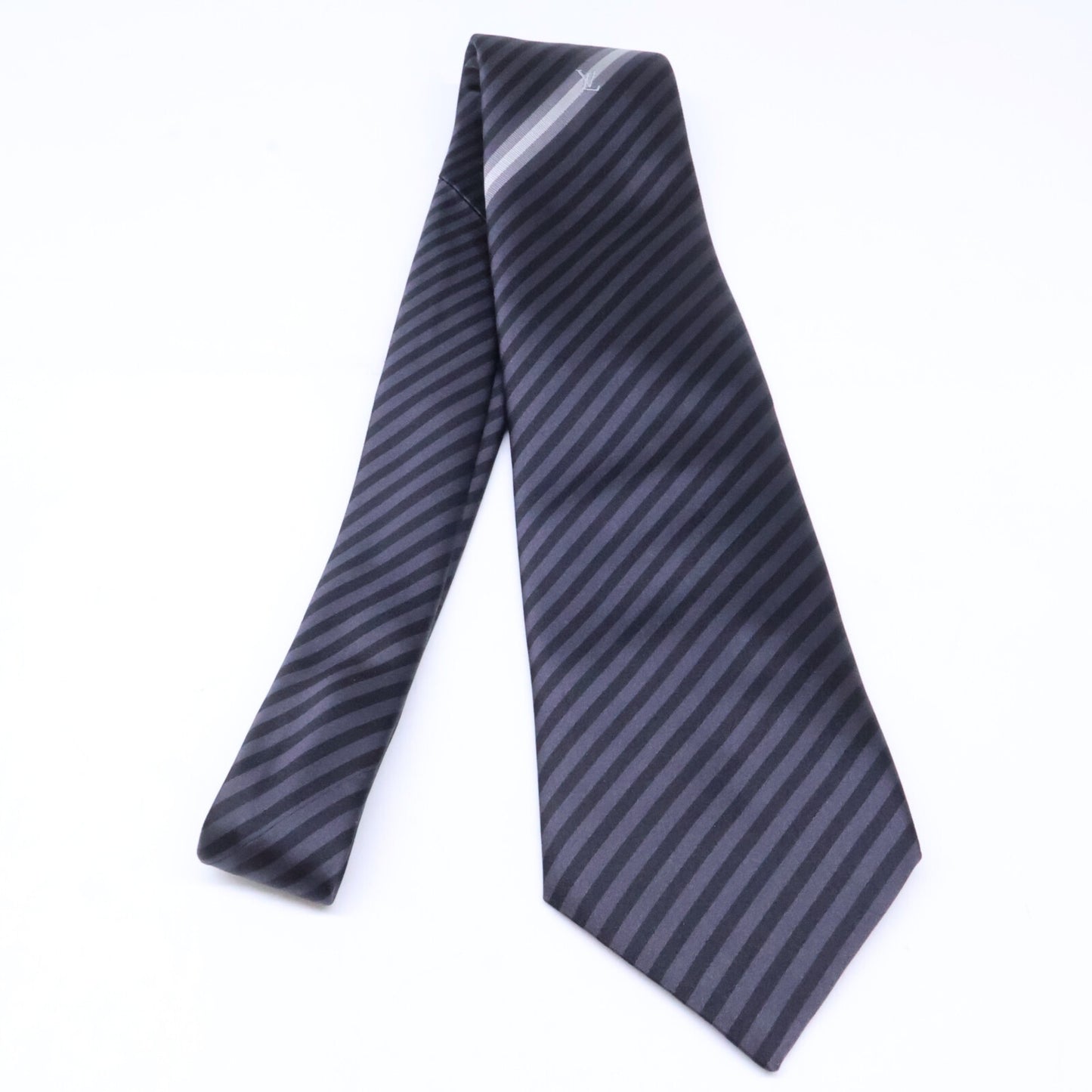 LOUIS VUITTON Grey/Navy Striped Silk Tie Size ONE SIZE
