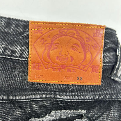 EVISU Black Distressed Daikoku Print Denim Shorts Size 32