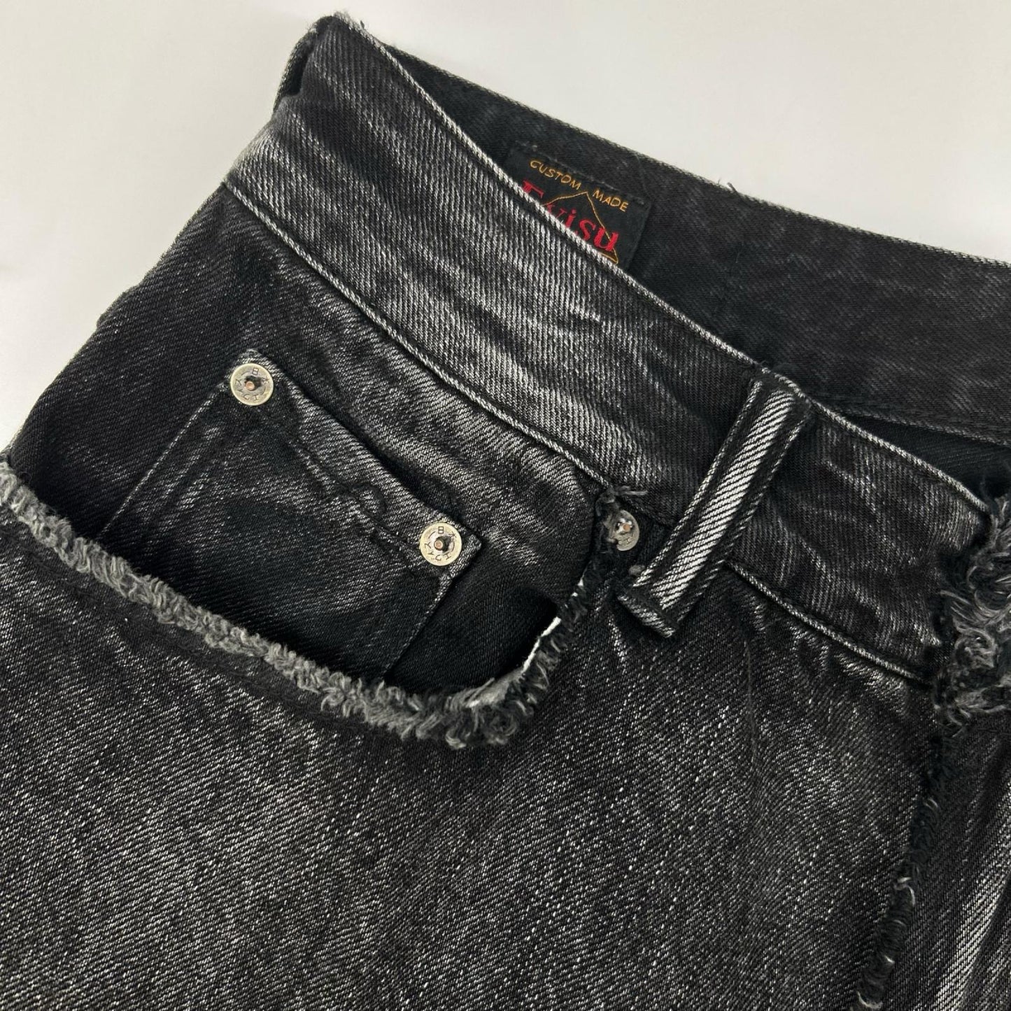 EVISU Black Distressed Daikoku Print Denim Shorts Size 32
