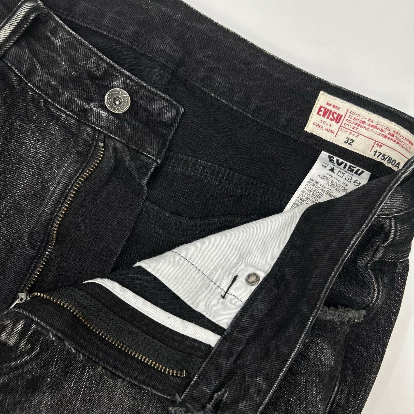 EVISU Black Distressed Daikoku Print Denim Shorts Size 32
