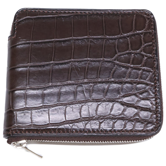 MANSOU Crocodile Round Bifold Wallet Dark Brown