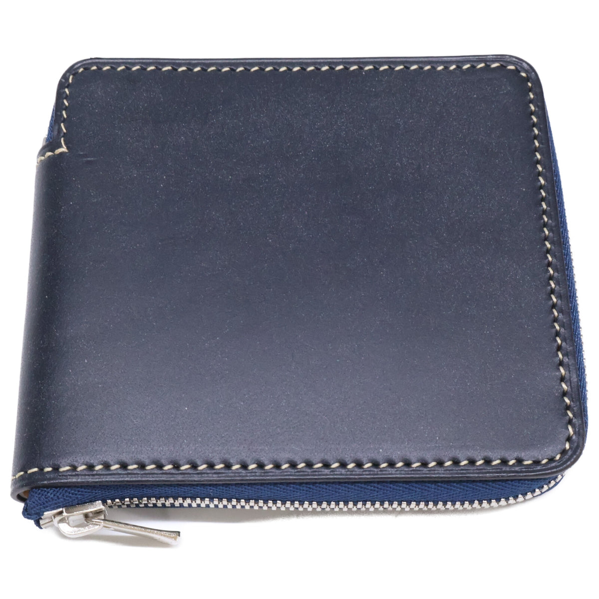 MANSOU Bridle Leather Round Bi-fold Wallet Navy
