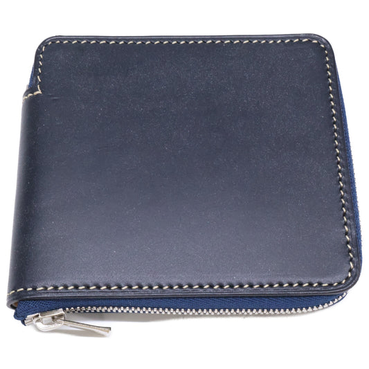 MANSOU Bridle Leather Round Bi-fold Wallet Navy