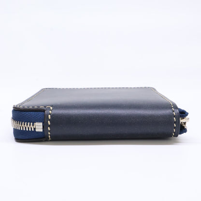 MANSOU Bridle Leather Round Bi-fold Wallet Navy