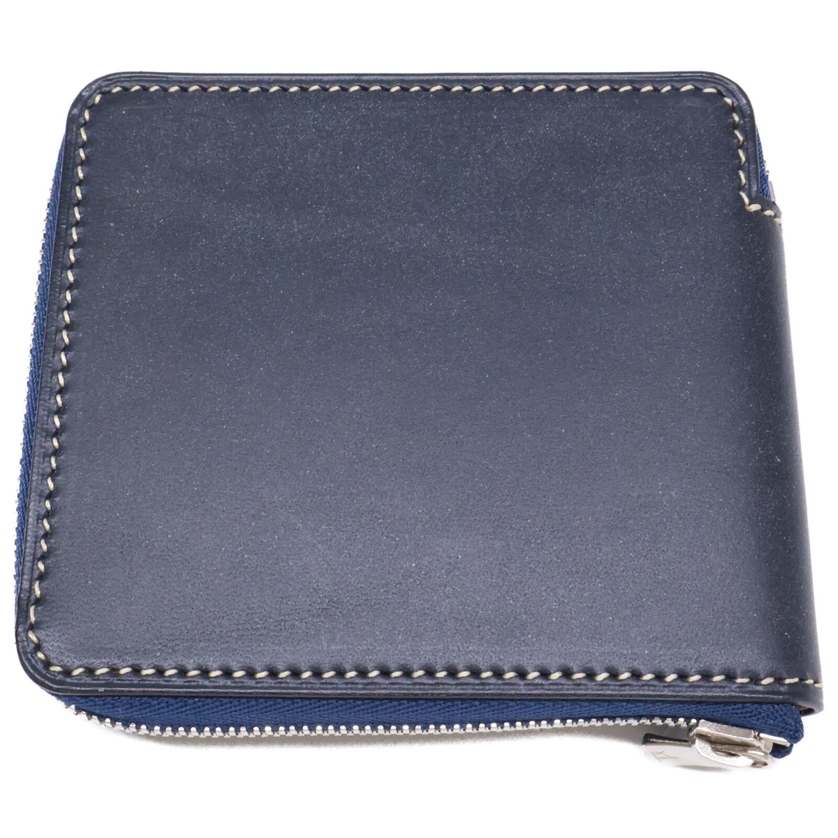 MANSOU Bridle Leather Round Bi-fold Wallet Navy