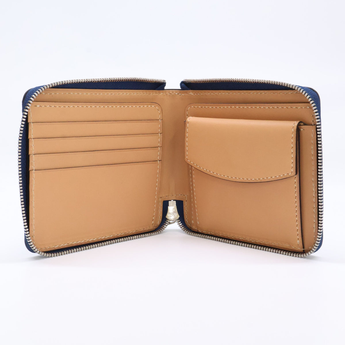 MANSOU Bridle Leather Round Bi-fold Wallet Navy