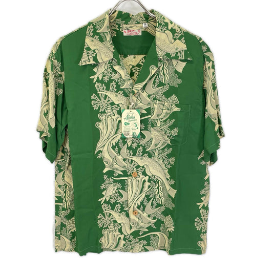 SUN SURF Tropical Fish Border Pattern Shirt Green Size M