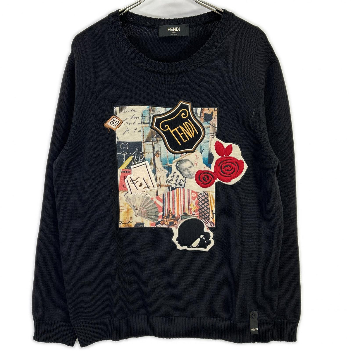 FENDI FZY020 Applique Crewneck Wool Sweater Black Size 54