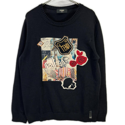 FENDI FZY020 Applique Crewneck Wool Sweater Black Size 54