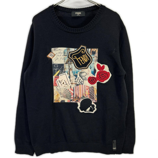 FENDI FZY020 Applique Crewneck Wool Sweater Black Size 54