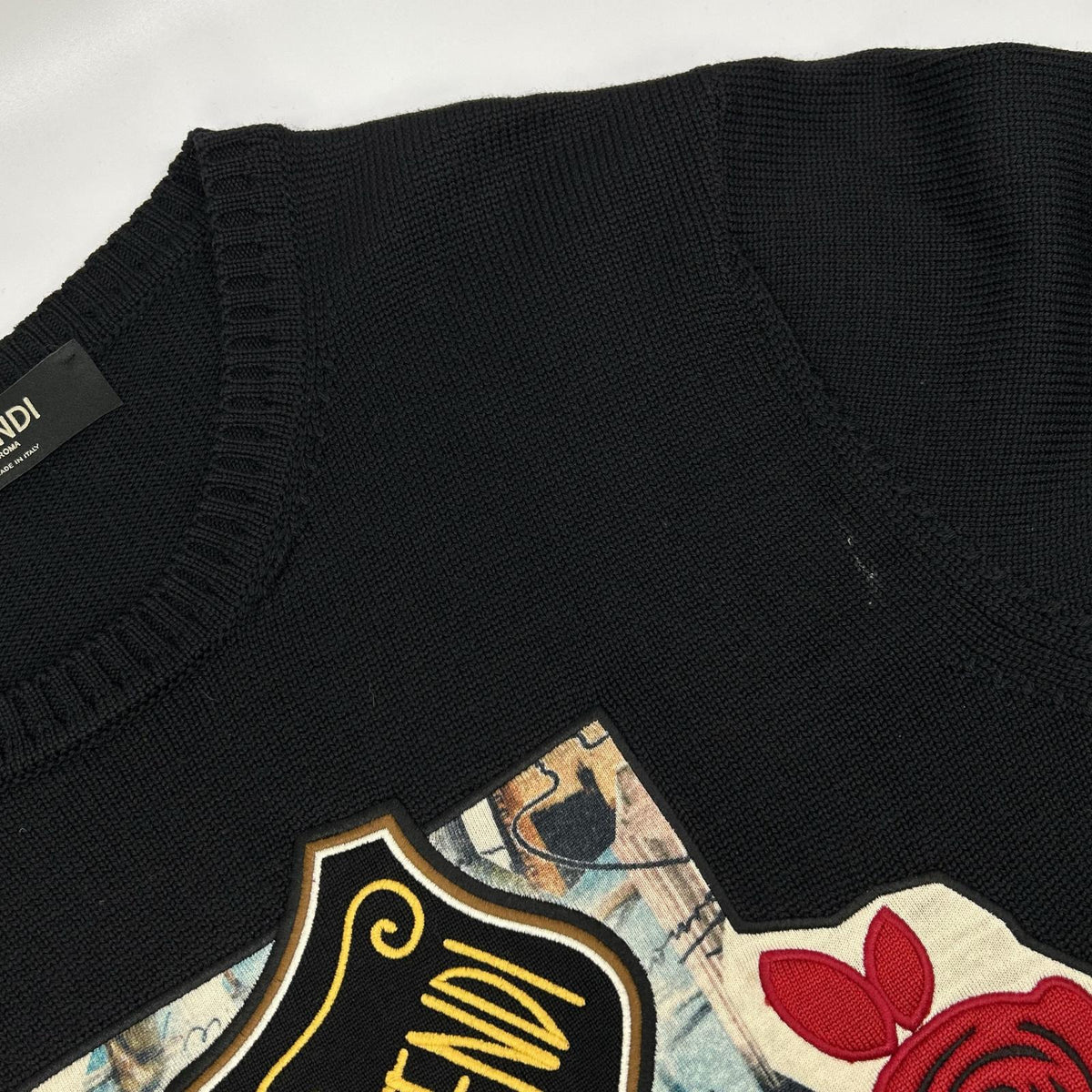 FENDI FZY020 Applique Crewneck Wool Sweater Black Size 54