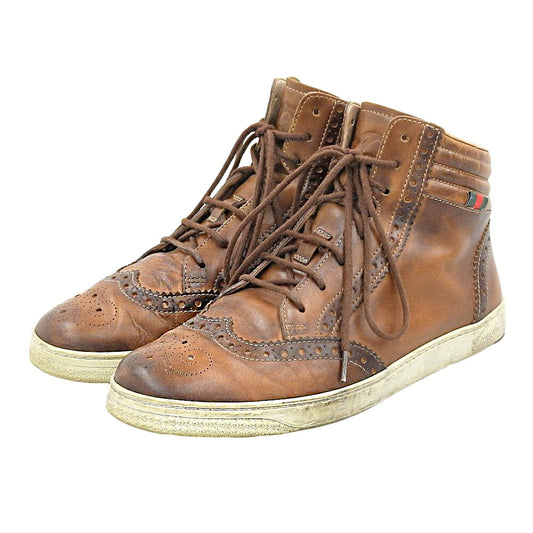 GUCCI Wingtip Leather High-Top Sneakers Brown Size 6