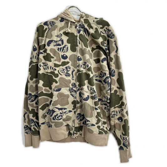 XL Stussy Camo Zip Up Cotton Hoodie Khaki Size XL