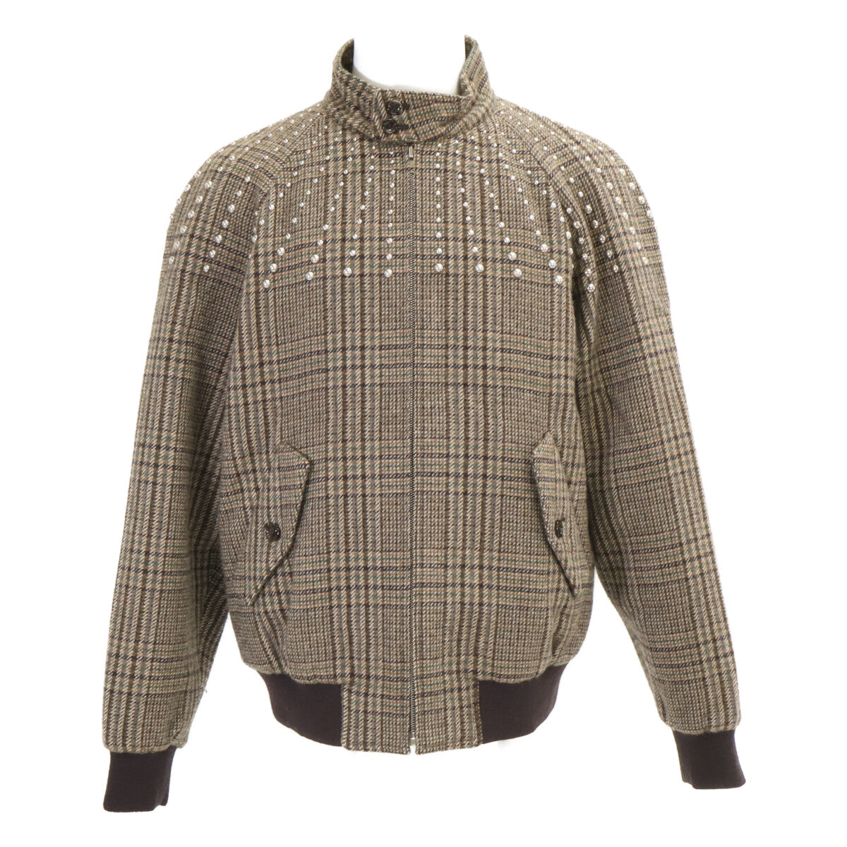 CELINE Glen Plaid Studded Wool Teddy Jacket Brown Size 46