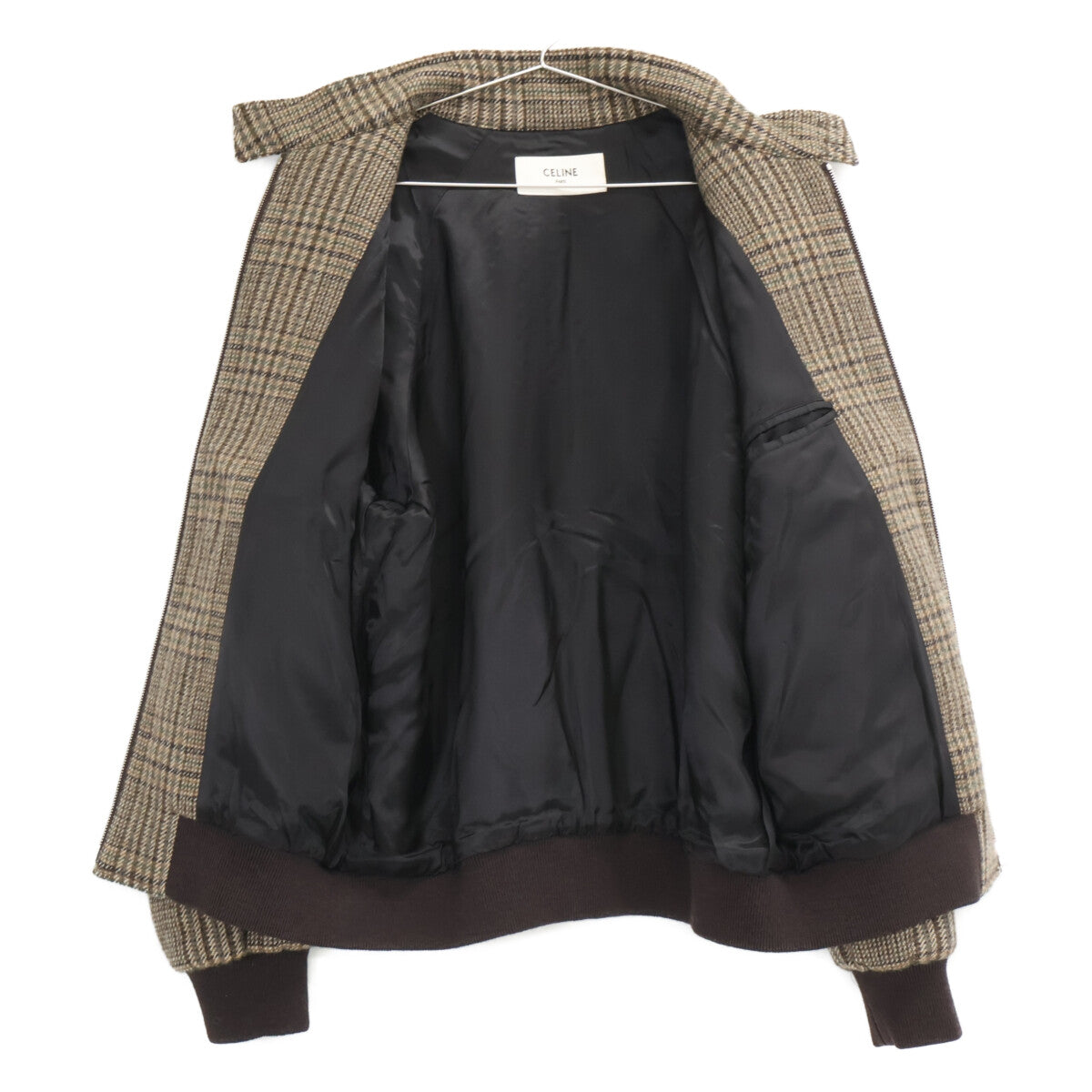 CELINE Glen Plaid Studded Wool Teddy Jacket Brown Size 46