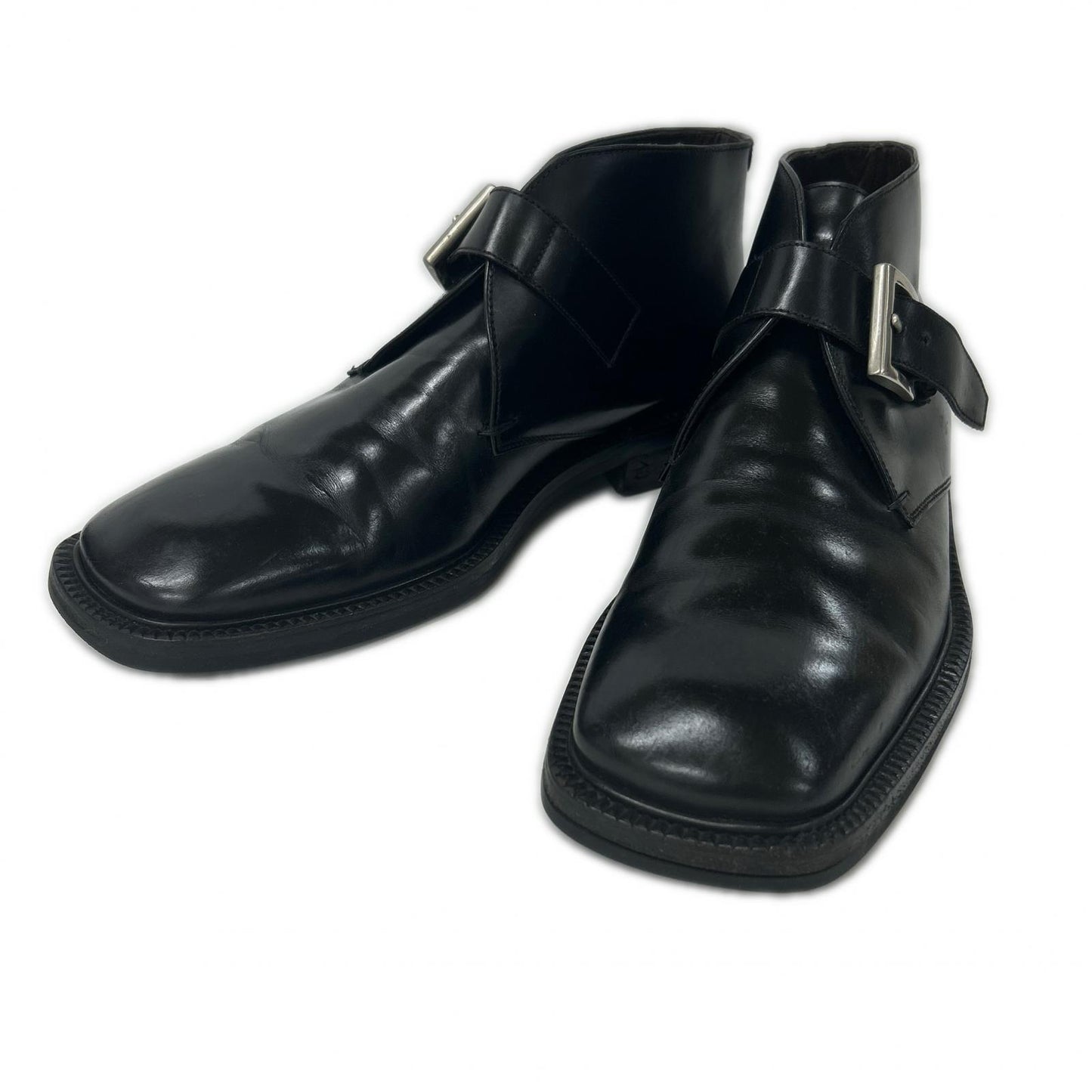 PRADA Black Leather Square Toe Single Monk Strap Boots
