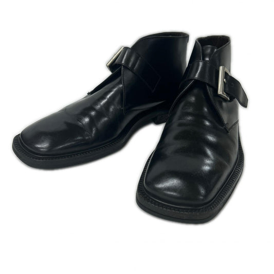 PRADA Black Leather Square Toe Single Monk Strap Boots