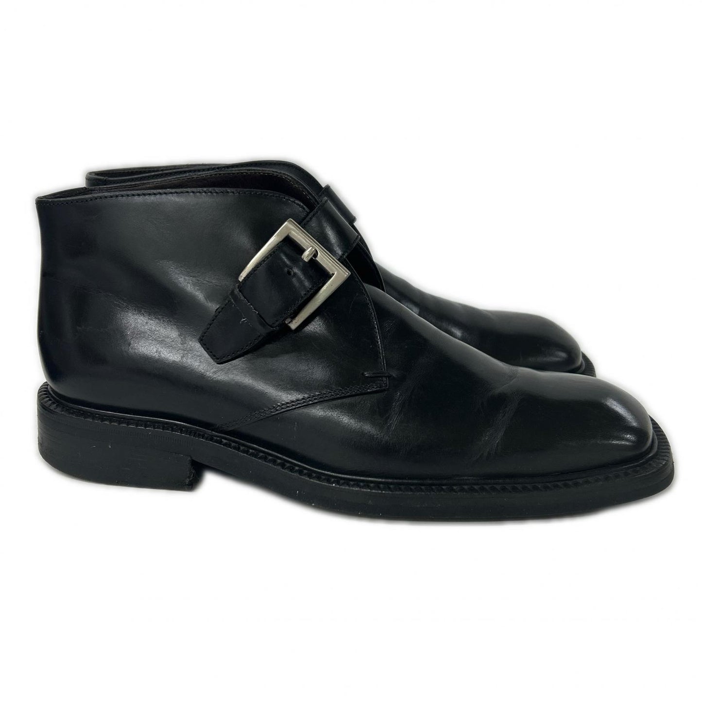 PRADA Black Leather Square Toe Single Monk Strap Boots