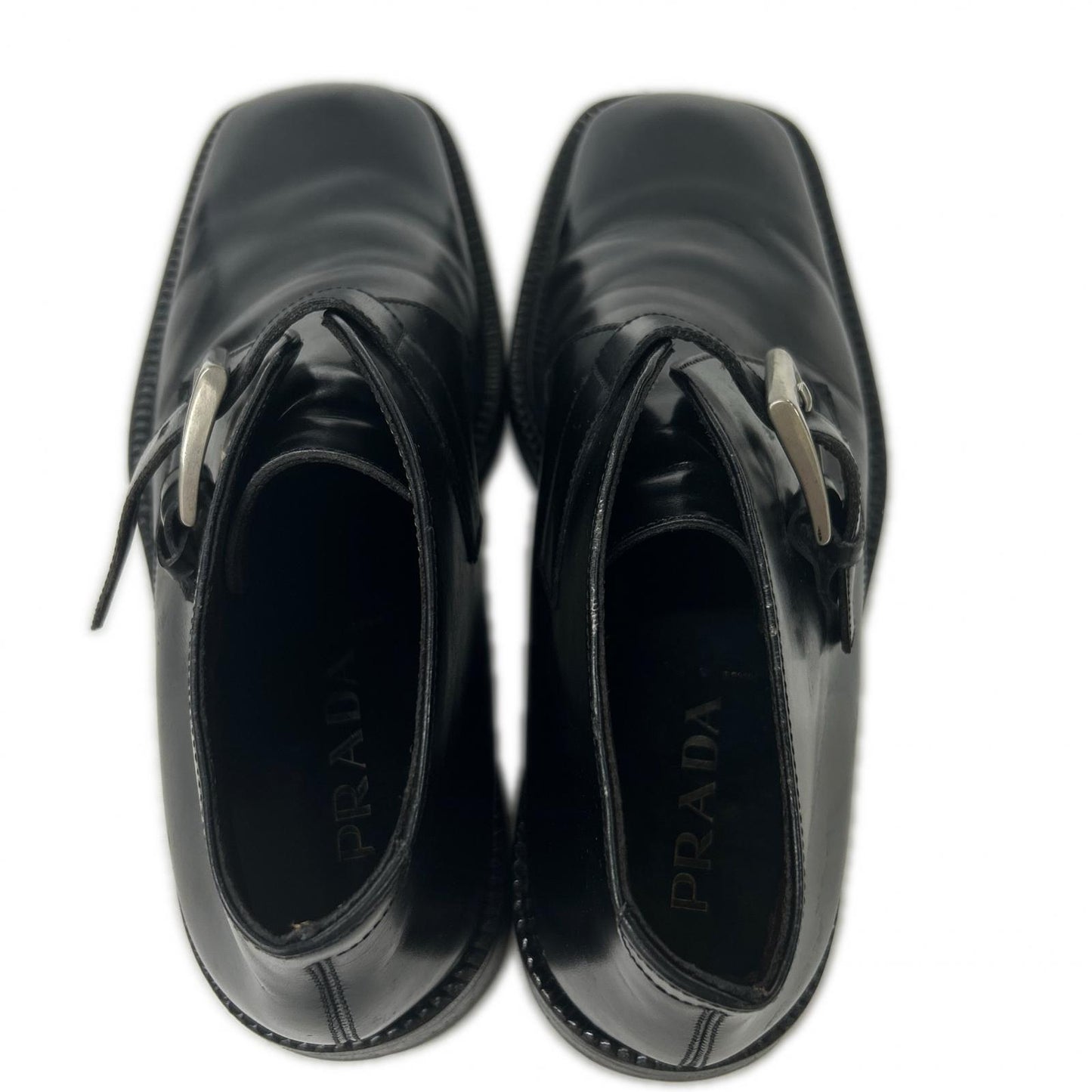 PRADA Black Leather Square Toe Single Monk Strap Boots